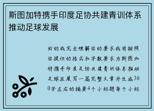 斯图加特携手印度足协共建青训体系推动足球发展